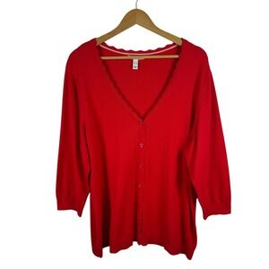 Isaac Mizrahi Live! Scalloped Trim Red Cardigan XL Button‎ Front Sweater Holiday